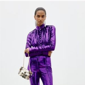 H&M paco Rabanne purple sequin crop jacket top with silver button NWT